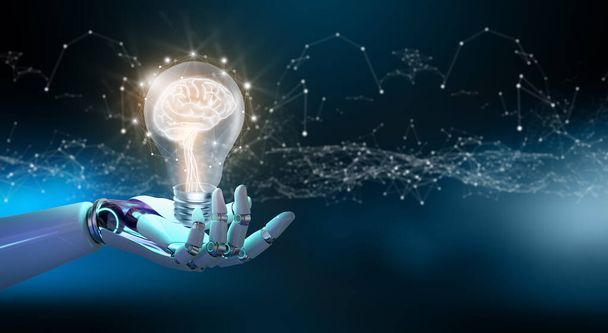 Ai Robot hand holding Light bulbs with Brain inside and Low poly wireframe outside. Creative and innovation inspiration. Business Bright idea with Artificial Intelligence concept. - Photo, Image