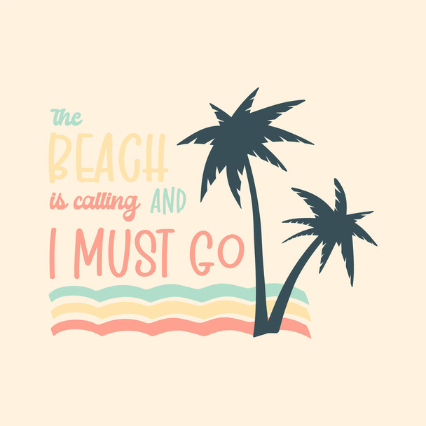 Ilustración vectorial de vacaciones de verano; vacaciones de verano retro, surf, playa, puesta de sol, olas del océano, elementos de palmeras y símbolos - Vector, imagen