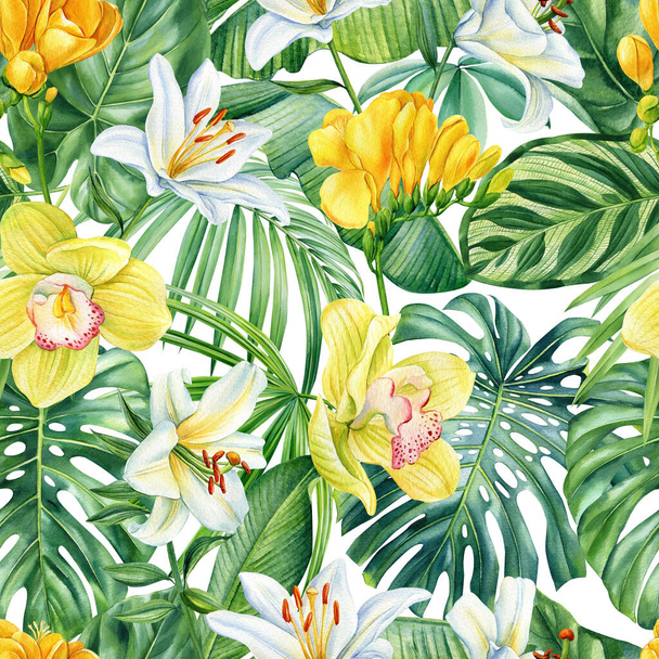 Tropical patterns, Seamless tropical pattern with palm leaves and flowers. Botanical painting watercolor . High quality illustration - Valokuva, kuva