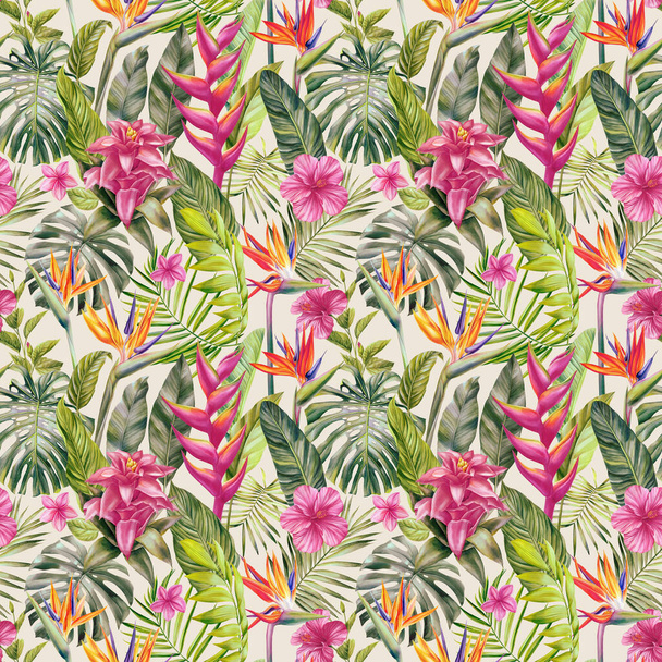 Seamless tropical pattern with palm leaves and flowers. watercolor painting illustration. High quality illustration - Foto, immagini