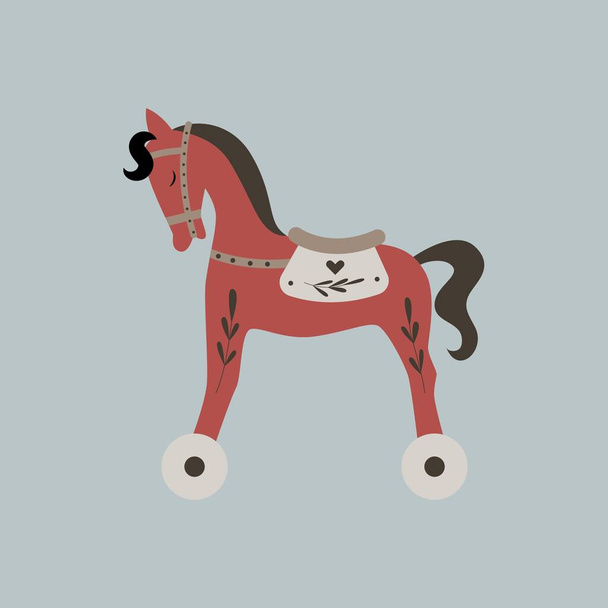 Vector retro balanceo niños juguete caballo rojo con ramas y decoración del corazón aislado sobre fondo azul. - Vector, Imagen