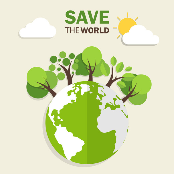 Yeşil eko toprak ve ağaçlarla ekoloji kavramı. Dünya Çevre Günü posteri. Dünyayı sürdürülebilir gelişmeden kurtar. Düz stil modern tasarımda vektör illüstrasyonu. - Vektör, Görsel