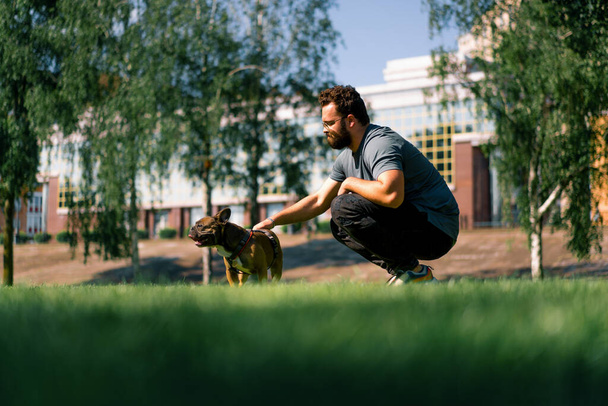 Sakallı bir adam parkta bir buldogla yürüyüşte oynaşıyor ve küçük sevimli bir köpeği okşuyor. - Fotoğraf, Görsel