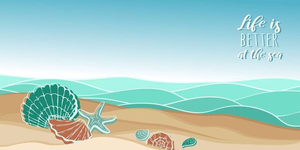 Life is better at the sea lettering with sea waves, sand and shells. Vector illustration for posters, t-shirts, cards, invitations, stickers, banners, advertisement, design. - Vektör, Görsel