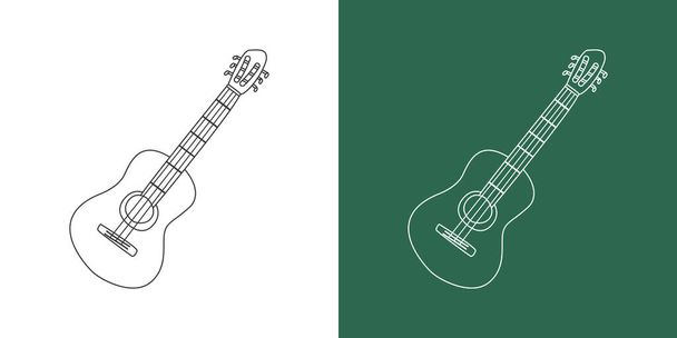 Classic guitar line drawing cartoon style. String instrument guitar clipart drawing in linear style isolated on white and chalkboard background. Musical instrument clipart concept, vector design - Vector, Image