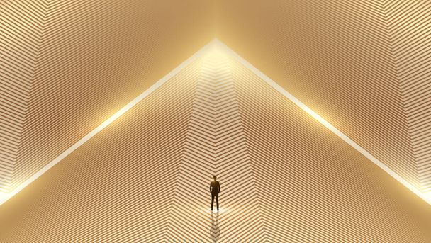 Ένας επιχειρηματίας στέκεται σε ένα χώρο πλαισιωμένο από χρυσές γραμμές - Φωτογραφία, εικόνα
