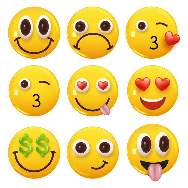 Sada 3D ikony žlutá barva úsměv emoji. Nastav Icon Smile Emoji. Vektorová ilustrace - Vektor, obrázek