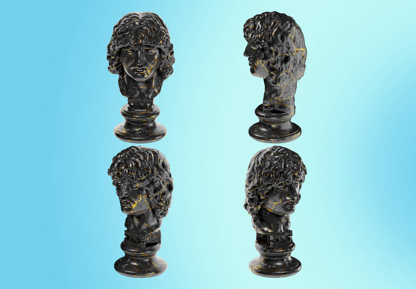 Head of a Barbarian Chief Une superbe statue en marbre noir avec des accents dorés pour un projet artistique - Photo, image