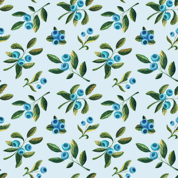 Płynny wzór akwareli z jagodami i liści na niebieskim tle. Ilustracja botaniczna i ziołowa - Zdjęcie, obraz