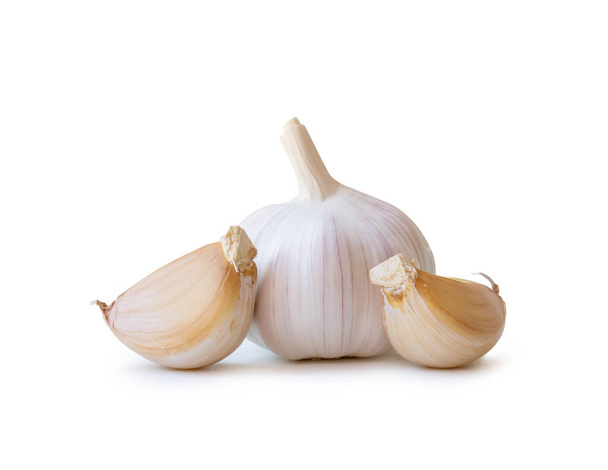 Single fresh white garlic bulb with segments is isolated on white background with clipping path, Thai herb is great for healing several severe diseases, heart attack, Hyperlipidemia or Dyslipidemia, close up photo - Фото, изображение