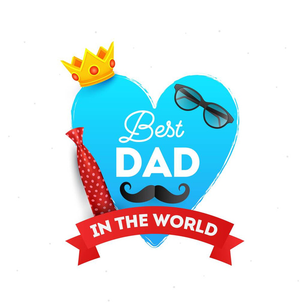 Best Dad In The World Award Presenting Poster Design with Golden Crown and Male Hipster on Blue Heart Shape. Happy Father's Day Celebration Concept. - Wektor, obraz