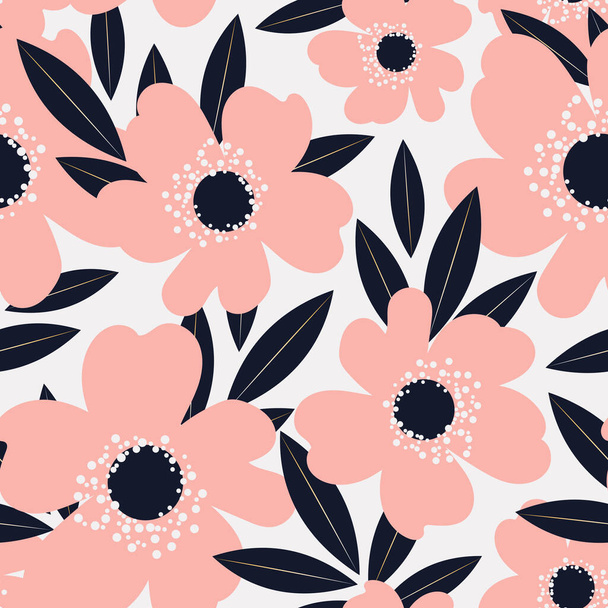 Wild rose in a botanical seamless pattern. Rosehip flowers are pink on a light gray background.  - Zdjęcie, obraz