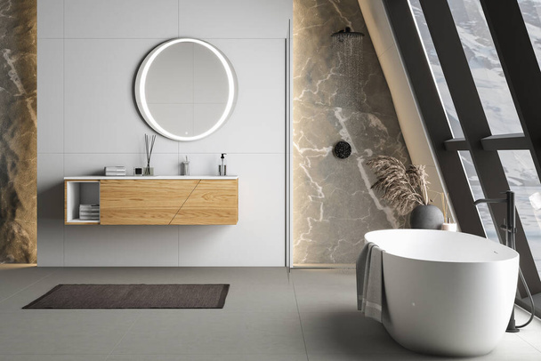 Modern fürdőszoba belső betonpadló, fehér ovális kád és fehér medence, zuhanyzó, növény és havas kilátás nyílik az ablakokból. Minimalista fürdőszoba modern bútorokkal. 3D renderelés - Fotó, kép