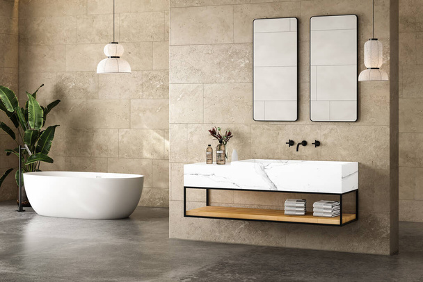 Fényes minimál fürdőszoba belső fehér márvány medence és dupla tükrök, kád, növény, beton padló, bézs lapok fal. Fürdési kellékek és függőlámpák a hotel stúdiójában. 3D renderelés - Fotó, kép