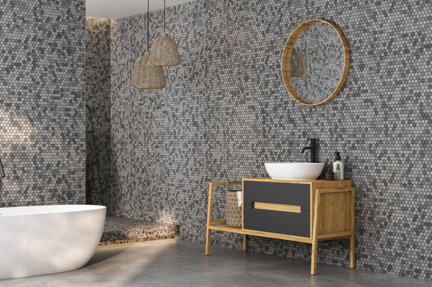 Moderni minimalistinen kylpyhuoneen sisustus, moderni kylpyhuoneen kaappi, valkoinen pesuallas, puinen turhamaisuus, sisäkasvit, kylpyhuoneen tarvikkeet, kylpyamme ja suihku, musta ja laatta seinät, betonilattia. 3d-renderointi - Valokuva, kuva