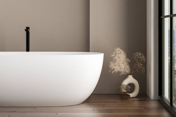 Nahaufnahme weiße Badewanne auf Parkettboden im hellen Badezimmer mit trockenen Pflanzen, Fenster. Hintergrund-Attrappe. 3D-Rendering - Foto, Bild