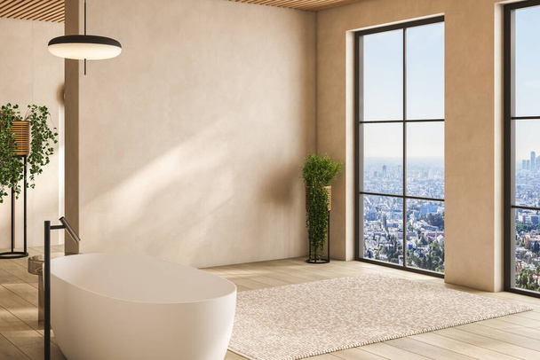 Pared beige en blanco para maqueta de gabinete de baño, en baño moderno, bañera, suelo de parquet, vista a la ciudad desde la ventana. renderizado 3d - Foto, imagen