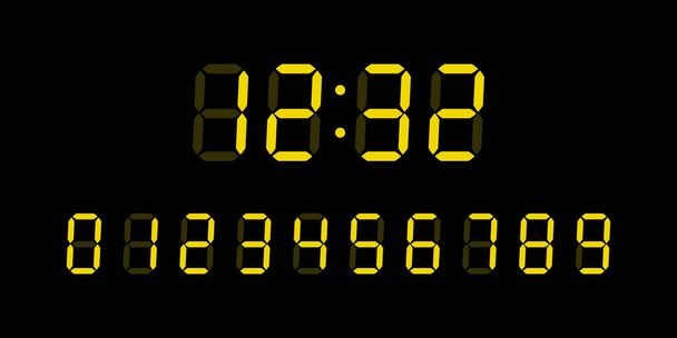 Sárga digitális izzó számok Lcd elektronikus eszközök képernyő elszigetelt fekete alapon. Óra, időzítő. Vektorillusztráció. - Vektor, kép