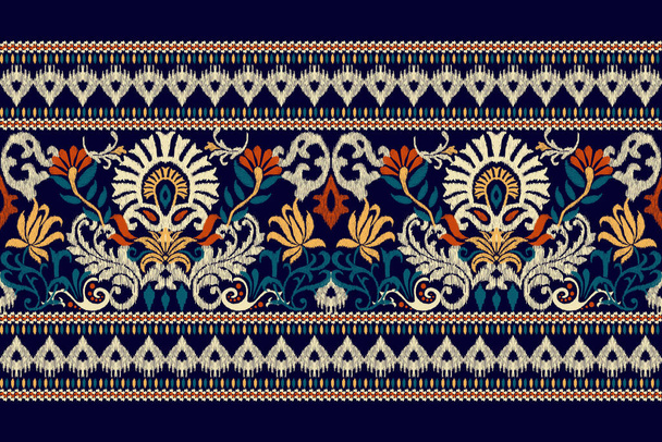 Ikat bloemen paisley borduurwerk op donker paarse achtergrond.Ikat etnisch oosters patroon traditioneel.Azteekse stijl abstracte vector illustratie.ontwerp voor textuur, stof, kleding, verpakking, decoratie, sjaal. - Vector, afbeelding