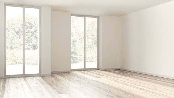 Отбеленная деревянная пустая комната дизайн интерьера, открытое пространство с паркетным полом, панорамные окна, белые стены, современная концепция архитектуры - Фото, изображение