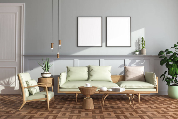 interiér obývacího pokoje s pohovkou, křeslem, stolem a rostlinou  - Fotografie, Obrázek