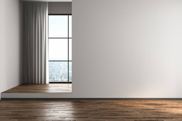 пустая комната с окном и деревянным паркетным полом. 3 d иллюстрация  - Фото, изображение
