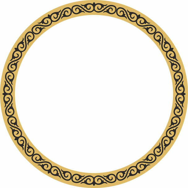 Vector round golden Kazakh national frame. Ornamental circle. Ethnic pattern of nomadic peoples of the Great Steppe, Kyrgyz, Mongols, Bashkirs, Buryats, Kalmyks - Vector, Image