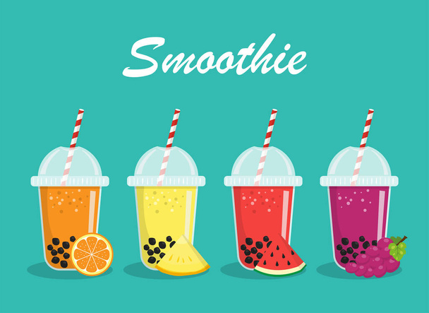 fruit smoothies drink set on background. Pearl milk tea. Fruit juice, orange, pineapple, watermelon, grape. vector illustration in flat style modern design. - Вектор,изображение