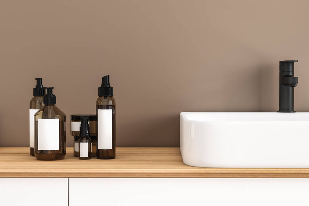 Közelről fehér mosogató ovális tükör áll a bézs fal, fa szekrény fekete csapvíz a minimalista fürdőszobában. 3D-s renderelés - Fotó, kép