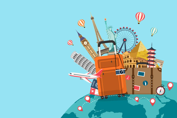 tourism landmarks with luggage and planes. travel famous attractions around the world. road trip holiday vacation conept. Airline plane tourism fly on earth. vector illustration in flat style. - Vetor, Imagem