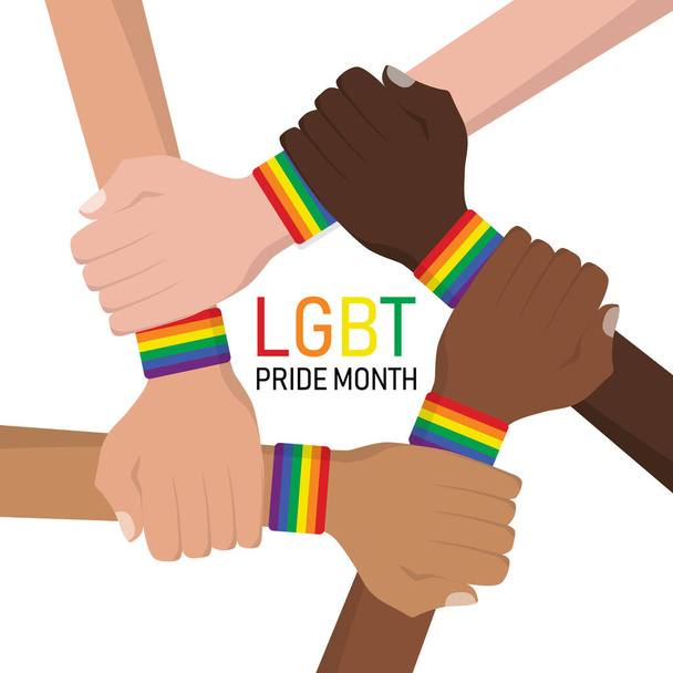 holding hands LGBT colorful rainbow flag wristbands. happy pride month community. Lesbian Gay Bisexual Transgender in love. Human rights lgbt concept. vector illustration in flat style. - Wektor, obraz