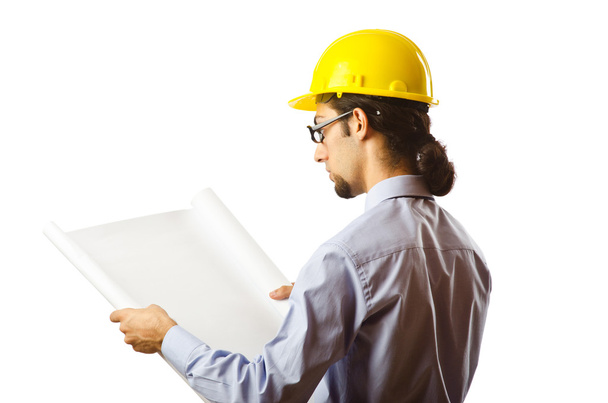 Engineer working with drawings on white - Foto, Imagem