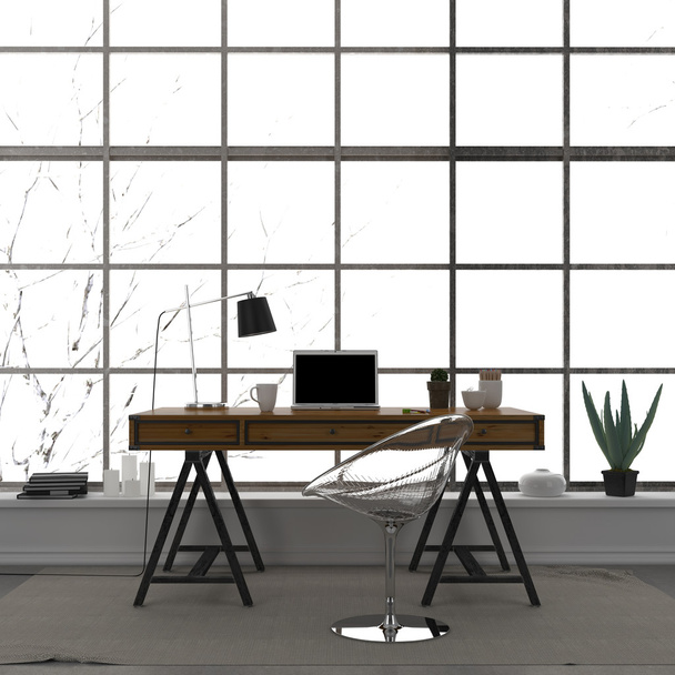 Стильний інтер'єр домашнього офісу з прозорим стільцем
 - Фото, зображення