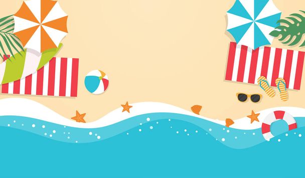 top view summer holiday beach  copy space background. swim ring,umbrellas,surfboard, starfish. rest in the sea with the elements. vector illustration flat background. - Vektor, obrázek