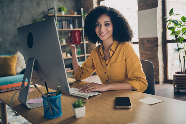 Portrait of charming cheerful it specialist lady sit chair workplace desk pc screen arm hold coffee cup loft interior business center indoors. - 写真・画像