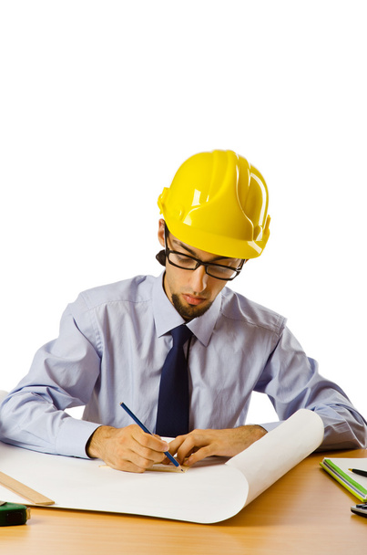 Engineer working with drawings on white - Photo, Image