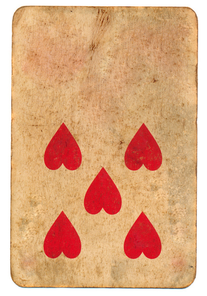öt piros szív szimbólum a régi kártya papír háttér - Fotó, kép