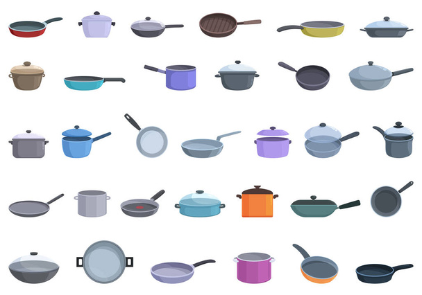 Pan icons set cartoon vector. Saucepan pot. Home cooking - Vektor, obrázek