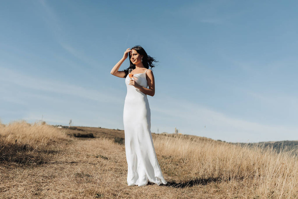 A girl with long black curly hair blowing in the wind is standing in a white silk dress. He holds a glass of champagne in one hand and touches his hair with the other. Wide angle photo - Photo, Image