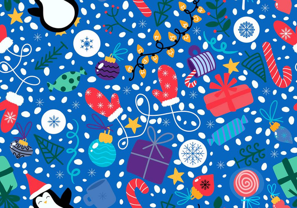 Різдвяний мультяшний безшовний пінгвін, подарунки, цукерки, м'ячі та візерунок з дерева для обгортання паперу та новорічних тканин та дитячого одягу та святкових аксесуарів. Високоякісна ілюстрація
 - Фото, зображення