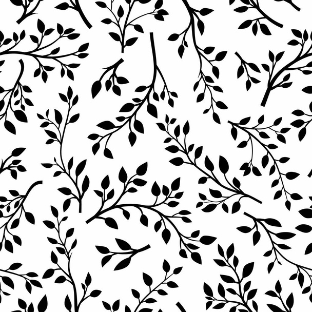 Vector Black and White Seamless Pattern with Tree Brunches. Flat Cartoon Twig with Floral Leaves. Spring, Summer Design - Leaves, Brunches, Plants, Herbs. Vector Illustration. - Vecteur, image