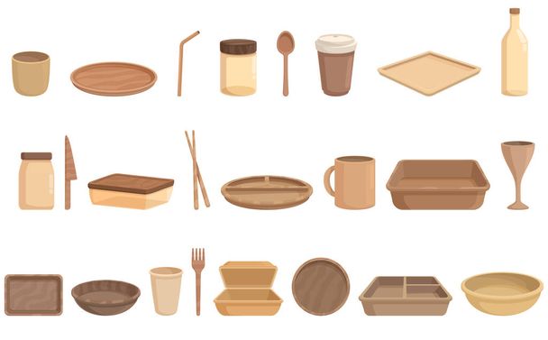 Biodegradable tableware icons set cartoon vector. Food paper. Party plate - Vektor, obrázek