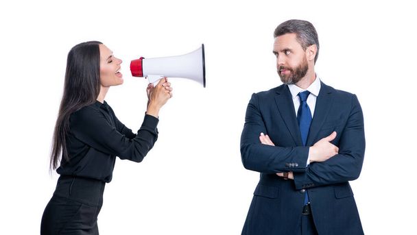 businesspeople argue with loudspeaker. businesspeople argue with loudspeaker isolated on white. businesspeople argue with loudspeaker in studio. businesspeople argue with loudspeaker. - Fotó, kép