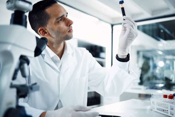 Man, scientist and analysis of blood sample in test tube, DNA and science experiment in laboratory. Male doctor with gloves, study liquid with forensics, scientific innovation and medical research. - Foto, afbeelding