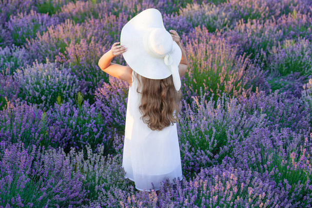 summertime girl in lavender field enjoying freedom and nature. summer girl with of lavender flowers on summer day. girl walk through lavender field in summer. Stylish summer girl in lavender sunset. - Foto, afbeelding