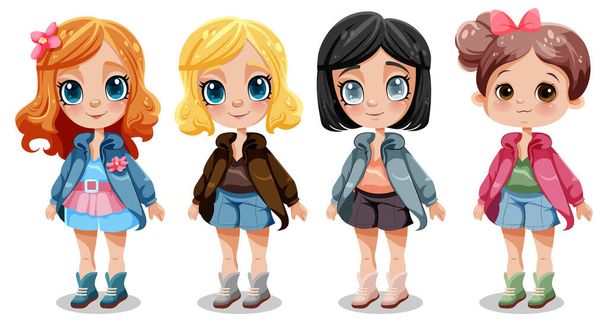 Set di carino ragazza cartone animato personaggio illustrazione - Vettoriali, immagini