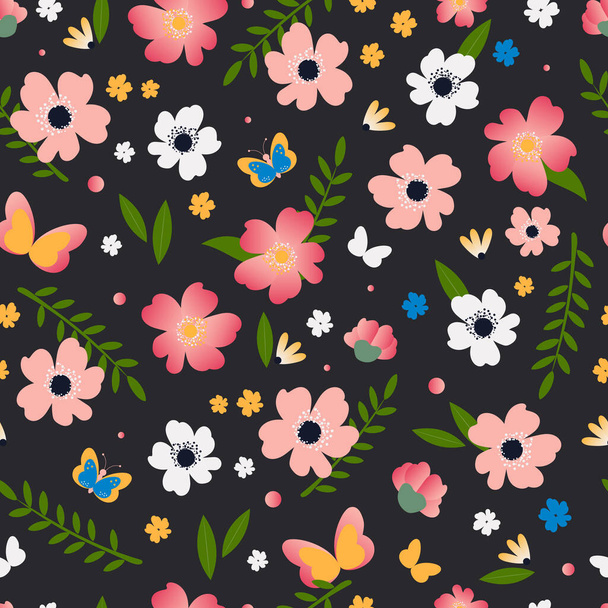 Wild rose in a botanical seamless pattern. Rosehip flowers pink with butterflies on a black background for textile. - Zdjęcie, obraz