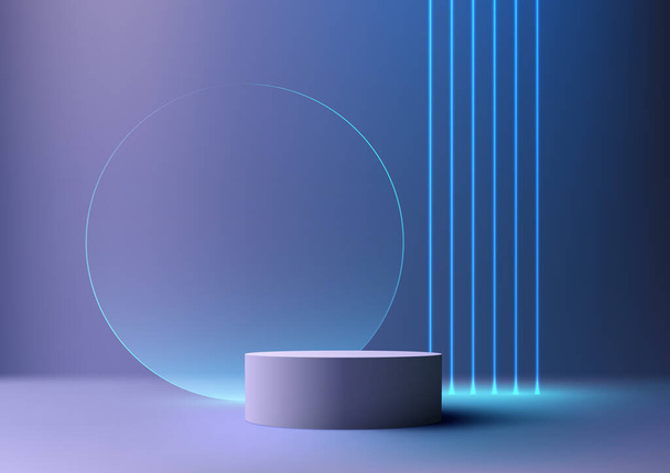 3D realistico stile moderno vuoto colore blu podio stand decorazione con cerchio di vetro trasparente e blu linee laser al neon sfondo. Uso per la presentazione cosmetica di bellezza, il mockup della vetrina, lo showroom, la promozione dello stand del prodotto, ecc. Illustrazione vettoriale - Vettoriali, immagini