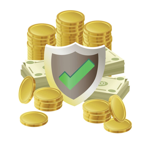 golden coins with shield and money - Vector, imagen