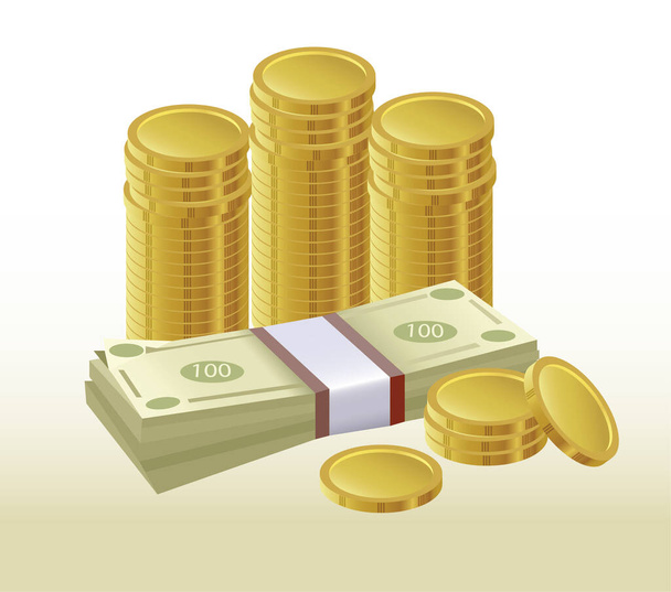 Icono de seguro de depósito. Montones de monedas de oro y billetes detrás de un escudo de seguridad con el signo de marca. Representación 3D, ilustración vectorial - Vector, imagen
